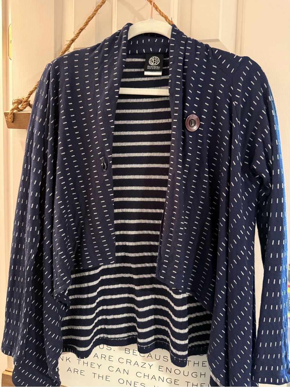 bobeau Navy Cardigan with White Dash Pattern
